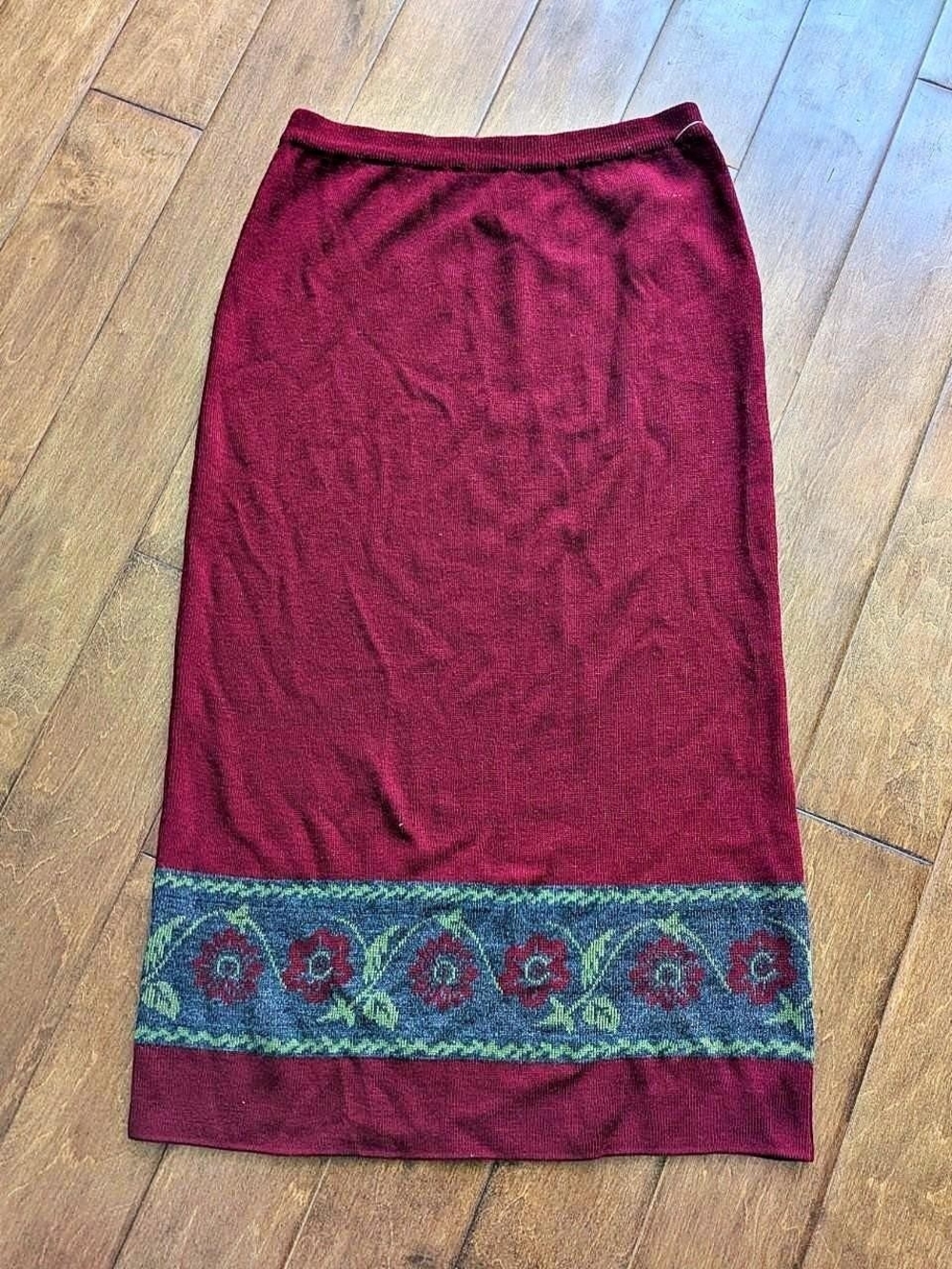 Women's Burgundy Knit Midi Skirt with Floral Border